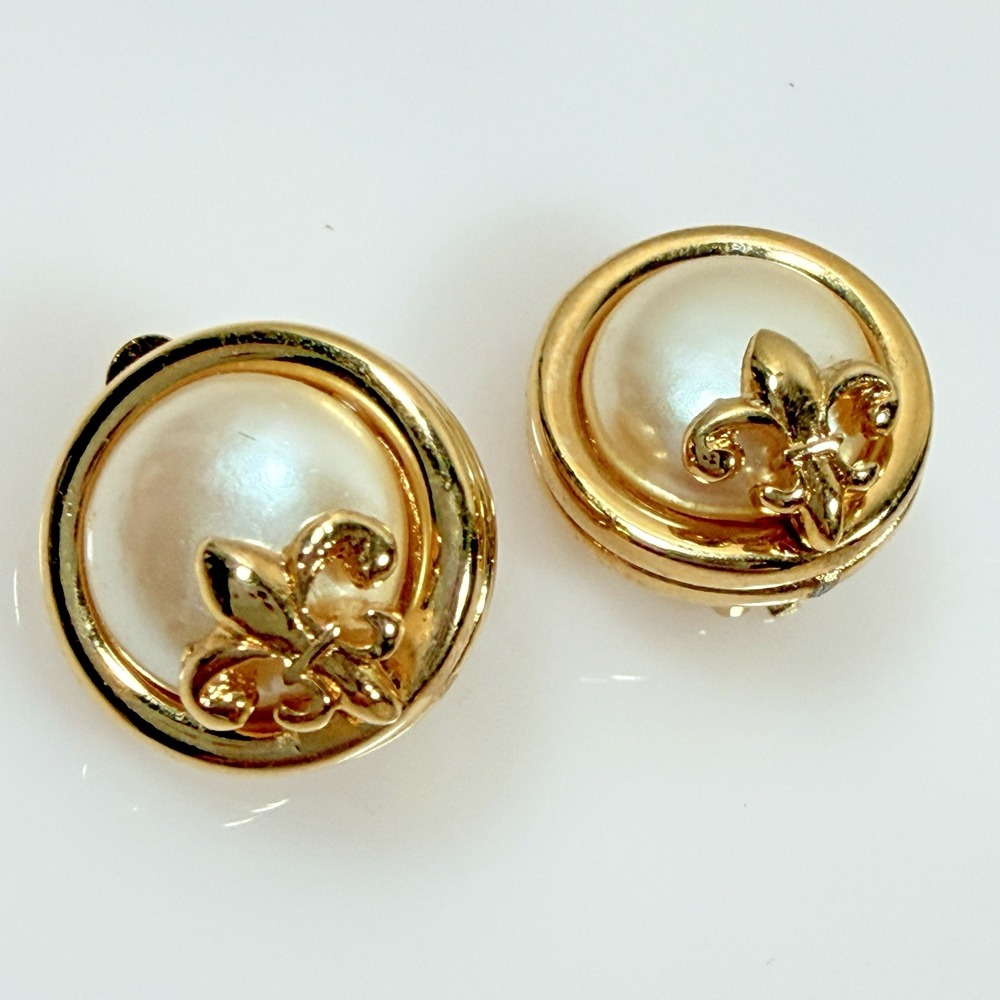 Vintage Givenchy Earrings Faux Pearl Fleur de Lis Gold Tone Clip On 3/4"